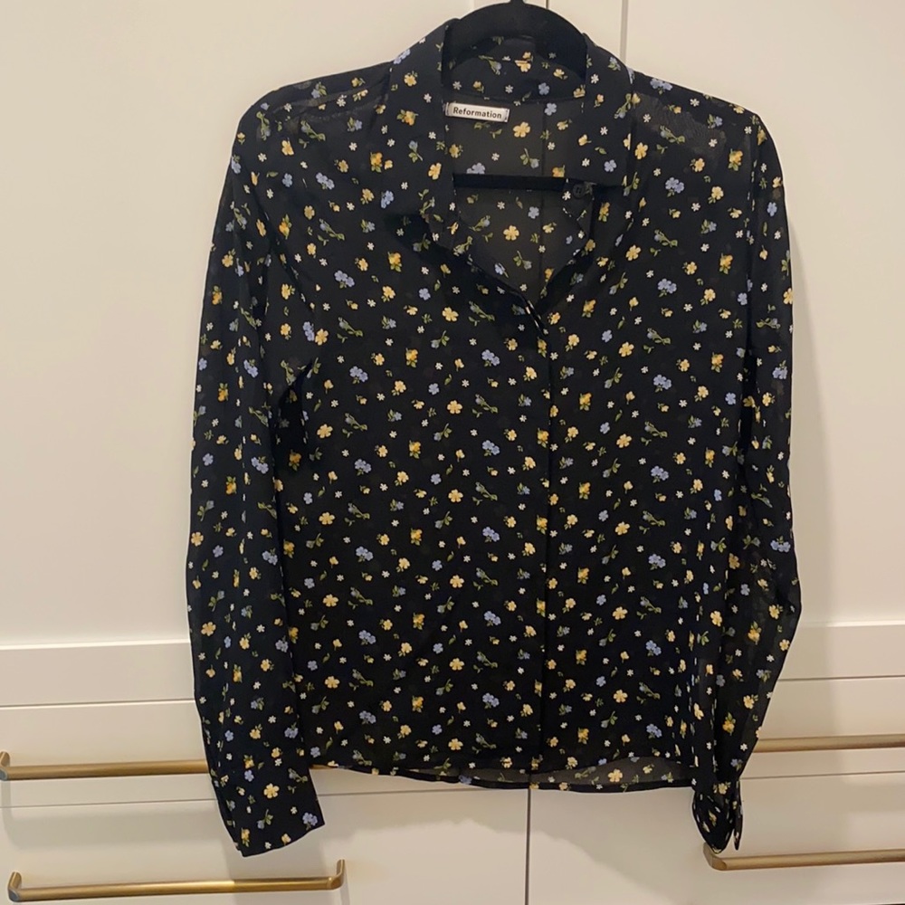 Reformation black floral blouse